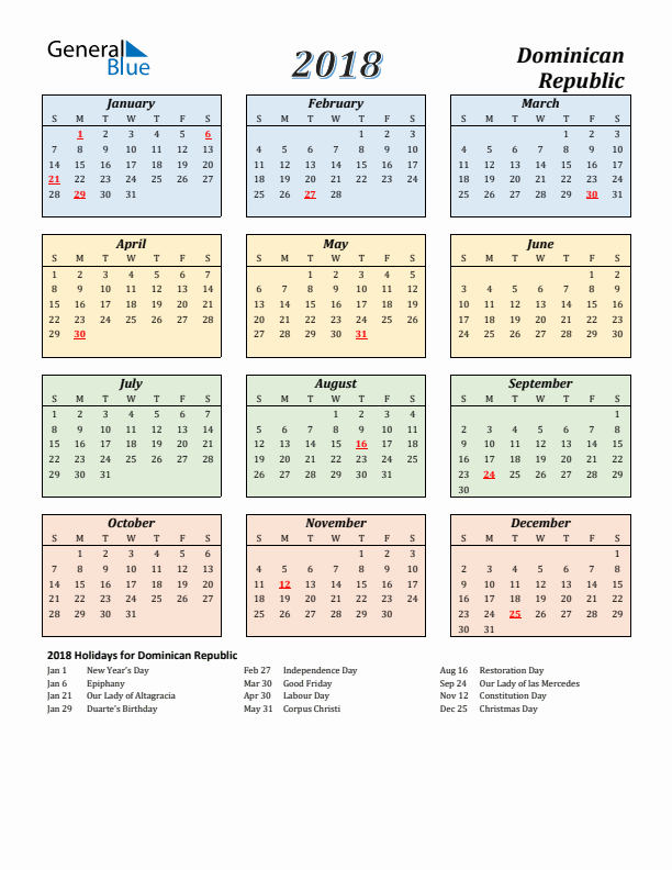 Dominican Republic Calendar 2018 with Sunday Start