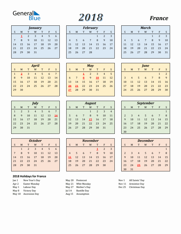 France Calendar 2018 with Sunday Start