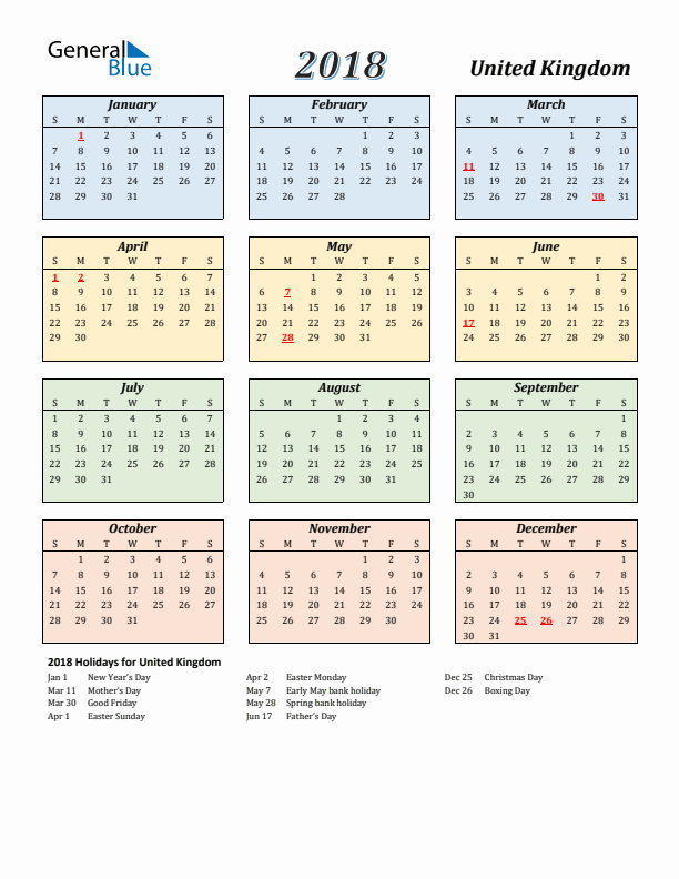 United Kingdom Calendar 2018 with Sunday Start