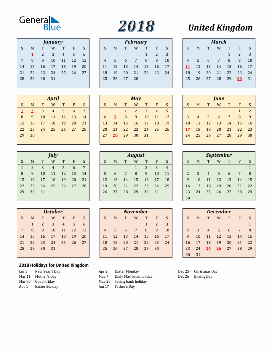 2018 United Kingdom Calendar With Sunday Start