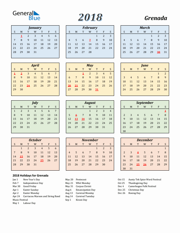 Grenada Calendar 2018 with Sunday Start