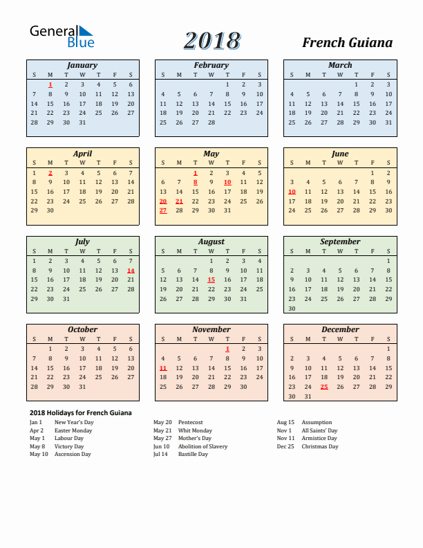 French Guiana Calendar 2018 with Sunday Start