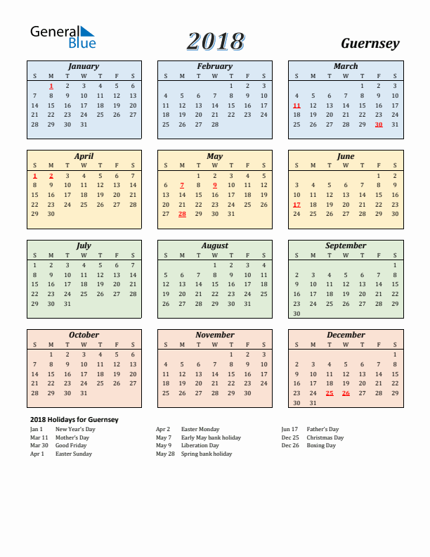 Guernsey Calendar 2018 with Sunday Start