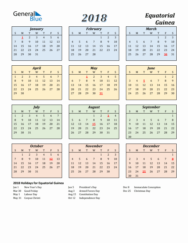 Equatorial Guinea Calendar 2018 with Sunday Start
