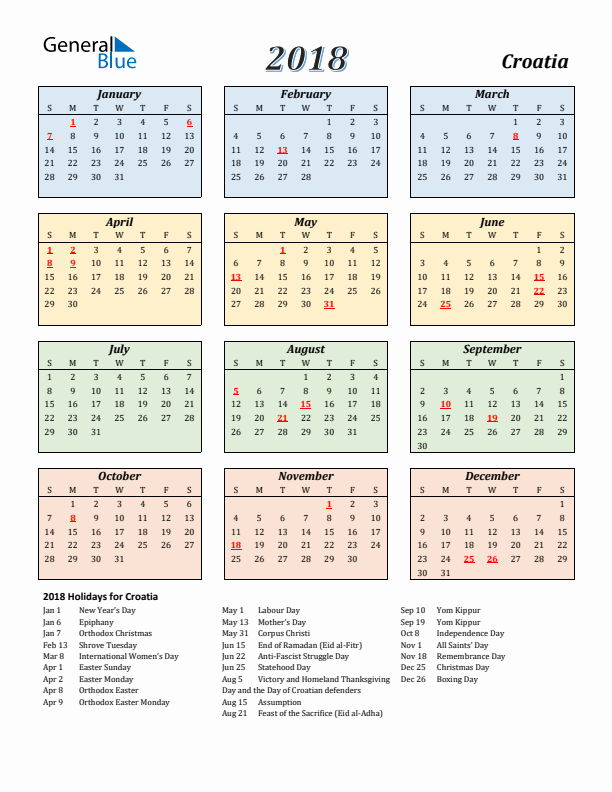Croatia Calendar 2018 with Sunday Start