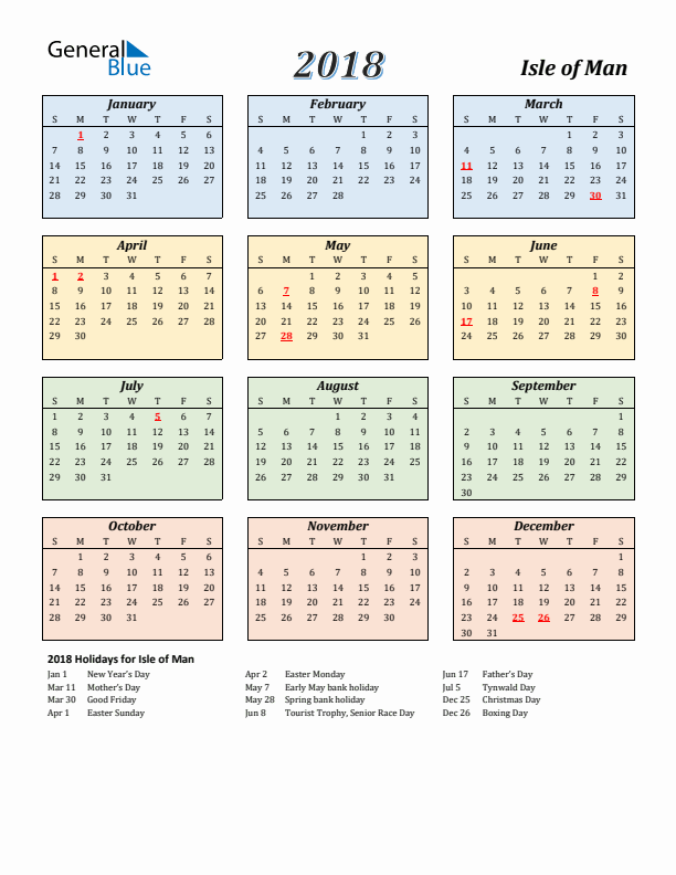 Isle of Man Calendar 2018 with Sunday Start