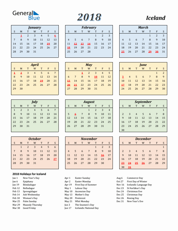 Iceland Calendar 2018 with Sunday Start