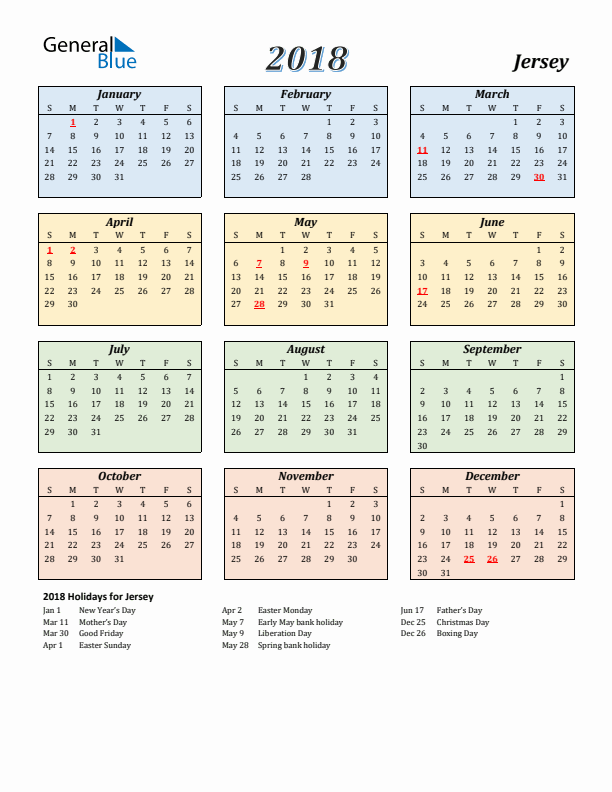 Jersey Calendar 2018 with Sunday Start