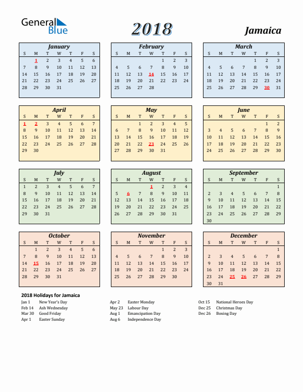 Jamaica Calendar 2018 with Sunday Start