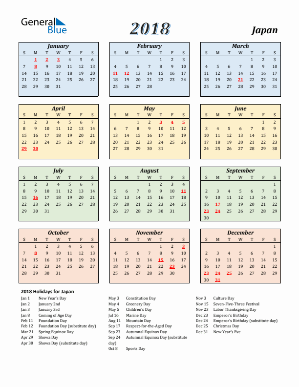 Japan Calendar 2018 with Sunday Start