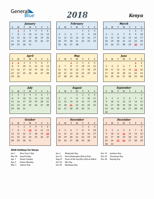 Kenya Calendar 2018 with Sunday Start