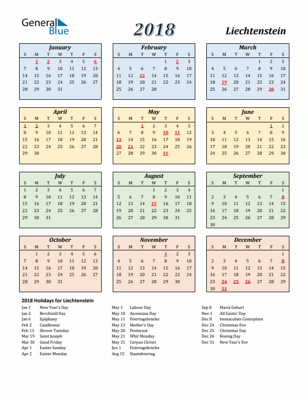 Liechtenstein Calendar 2018 with Sunday Start