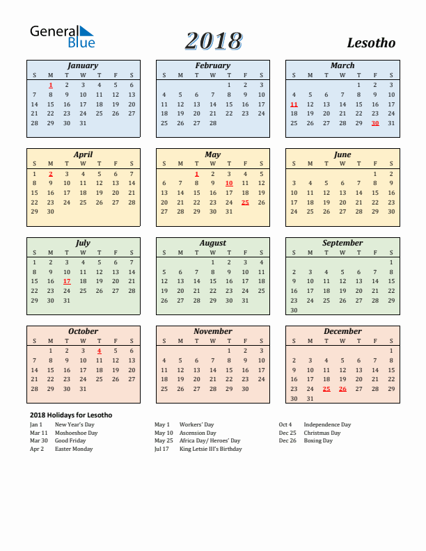 Lesotho Calendar 2018 with Sunday Start