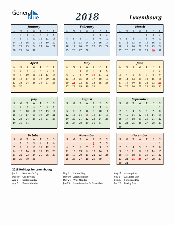 Luxembourg Calendar 2018 with Sunday Start