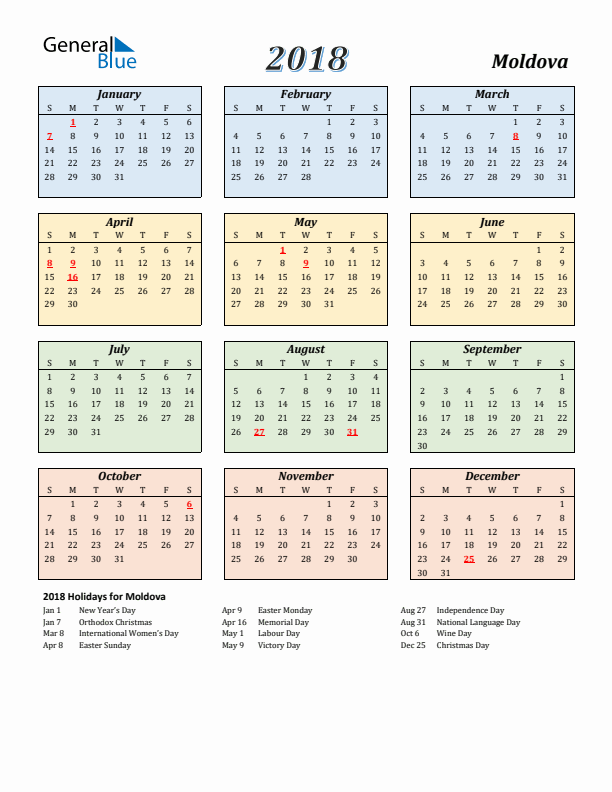 Moldova Calendar 2018 with Sunday Start