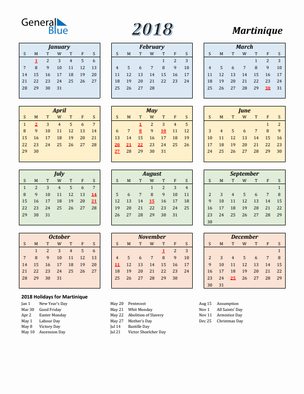 Martinique Calendar 2018 with Sunday Start