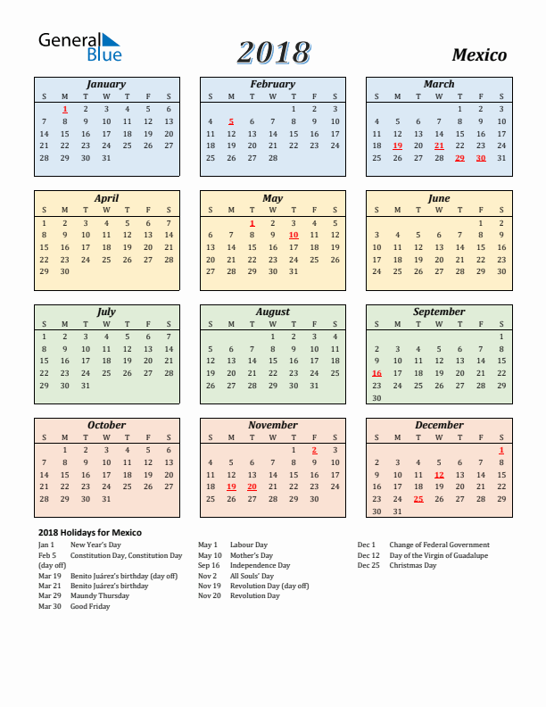 Mexico Calendar 2018 with Sunday Start