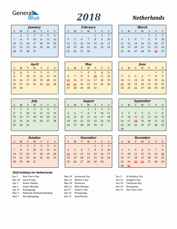 The Netherlands Calendar 2018 with Sunday Start
