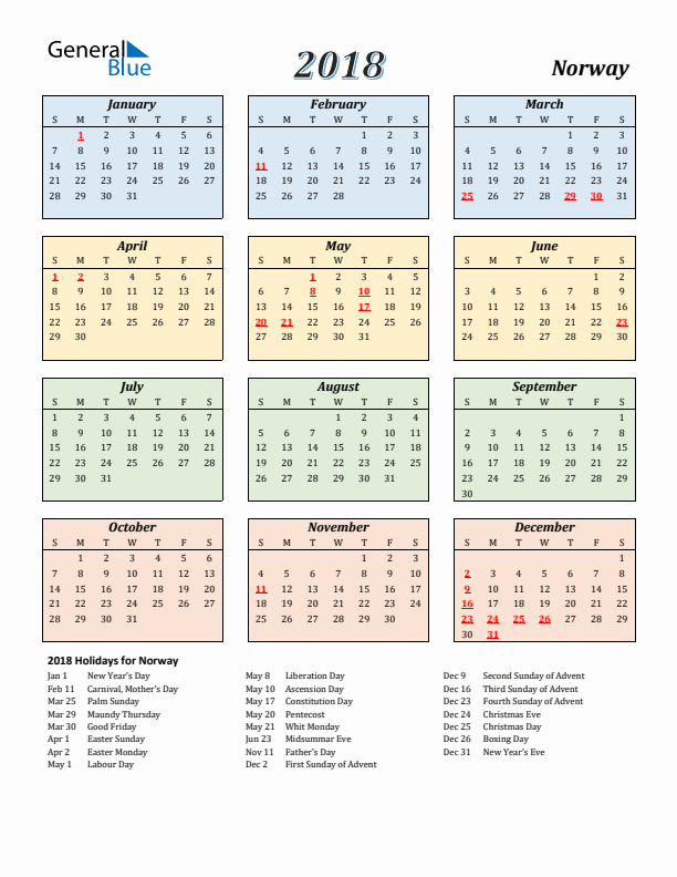 Norway Calendar 2018 with Sunday Start