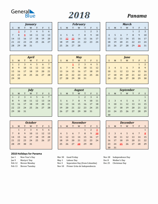 Panama Calendar 2018 with Sunday Start