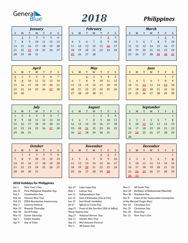 Philippines Calendar 2018 with Sunday Start
