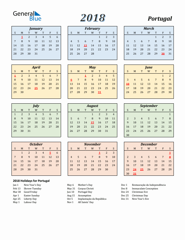 Portugal Calendar 2018 with Sunday Start