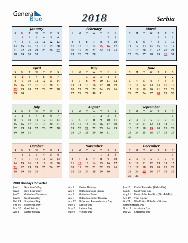 Serbia Calendar 2018 with Sunday Start