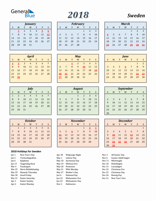Sweden Calendar 2018 with Sunday Start