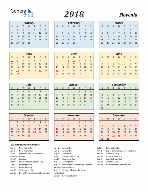 Slovenia Calendar 2018 with Sunday Start