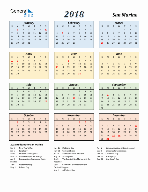 San Marino Calendar 2018 with Sunday Start