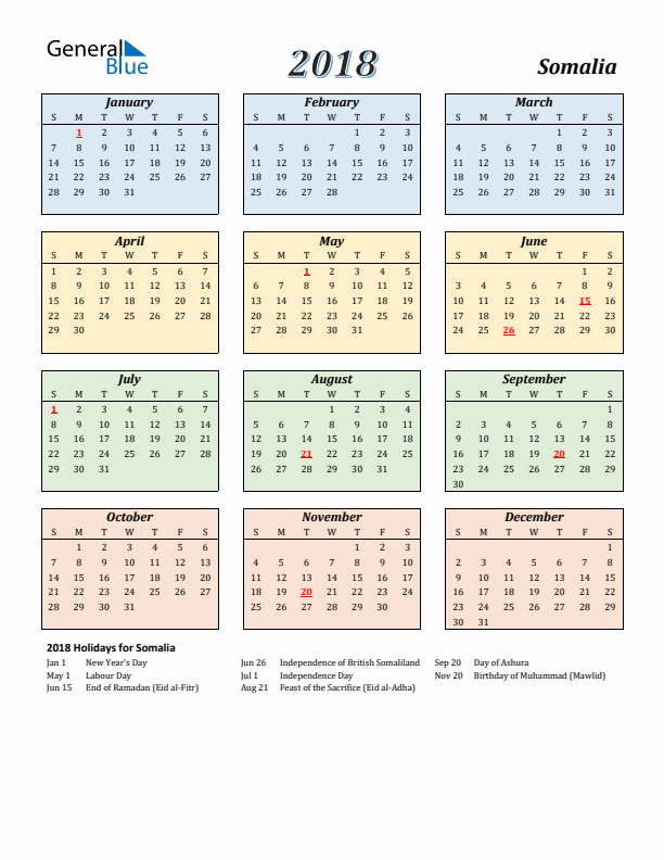 Somalia Calendar 2018 with Sunday Start