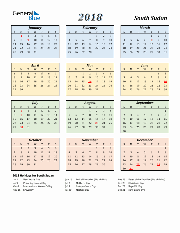 South Sudan Calendar 2018 with Sunday Start