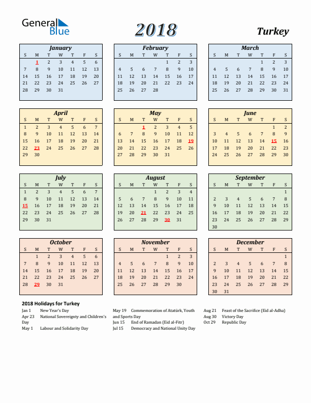 Turkey Calendar 2018 with Sunday Start