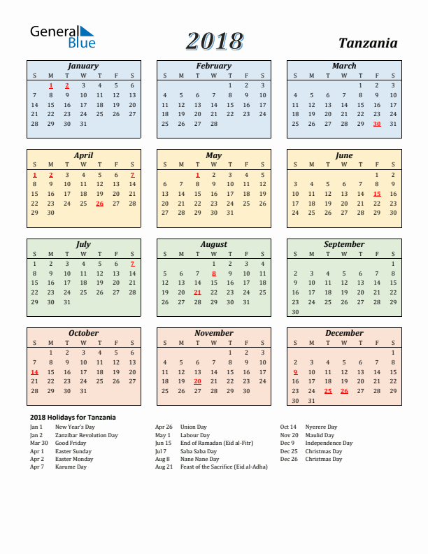 Tanzania Calendar 2018 with Sunday Start