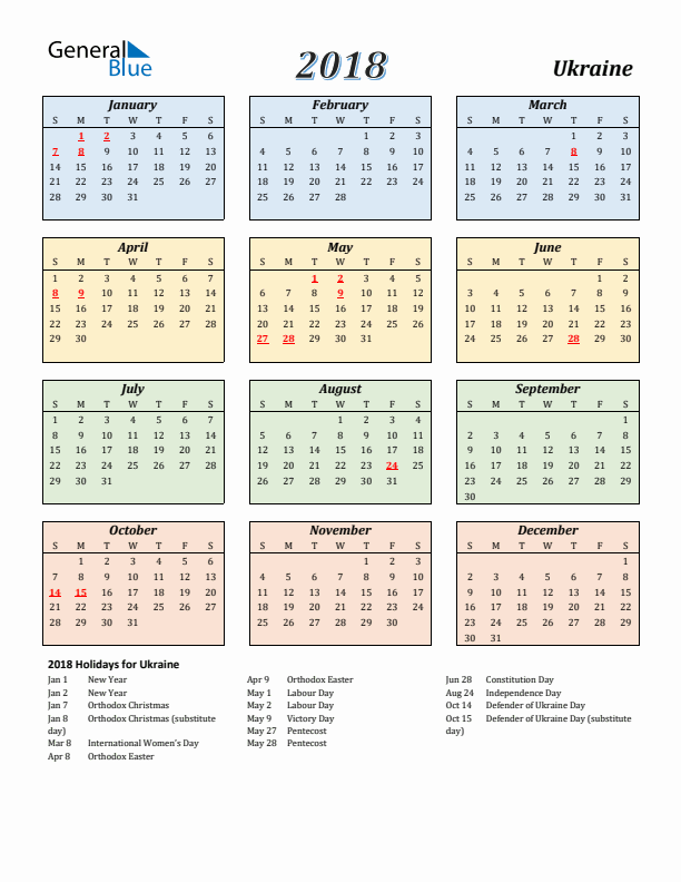 Ukraine Calendar 2018 with Sunday Start