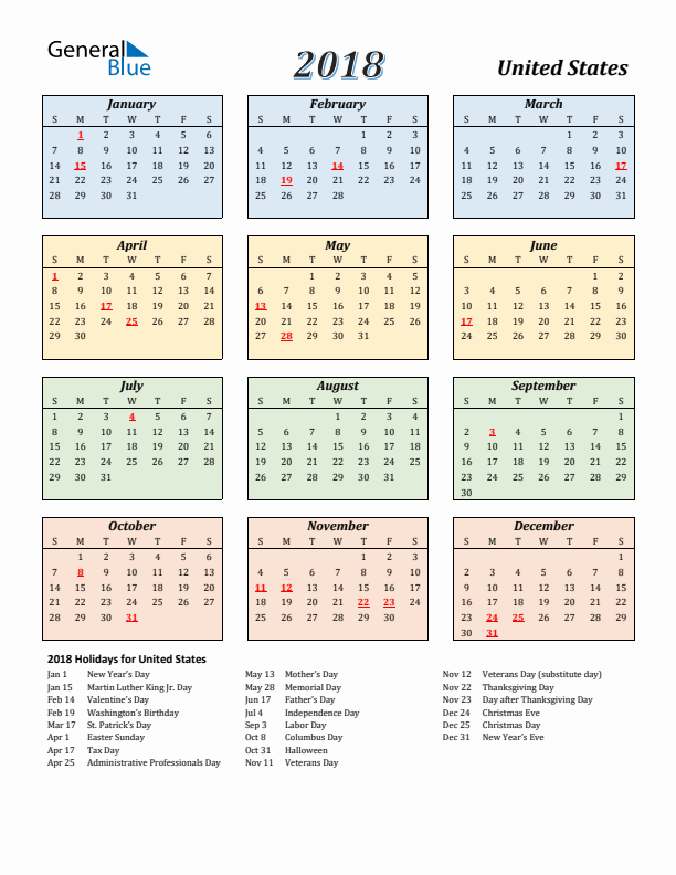 United States Calendar 2018 with Sunday Start
