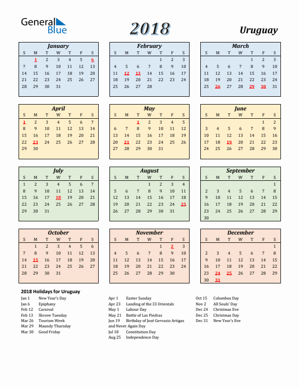 Uruguay Calendar 2018 with Sunday Start