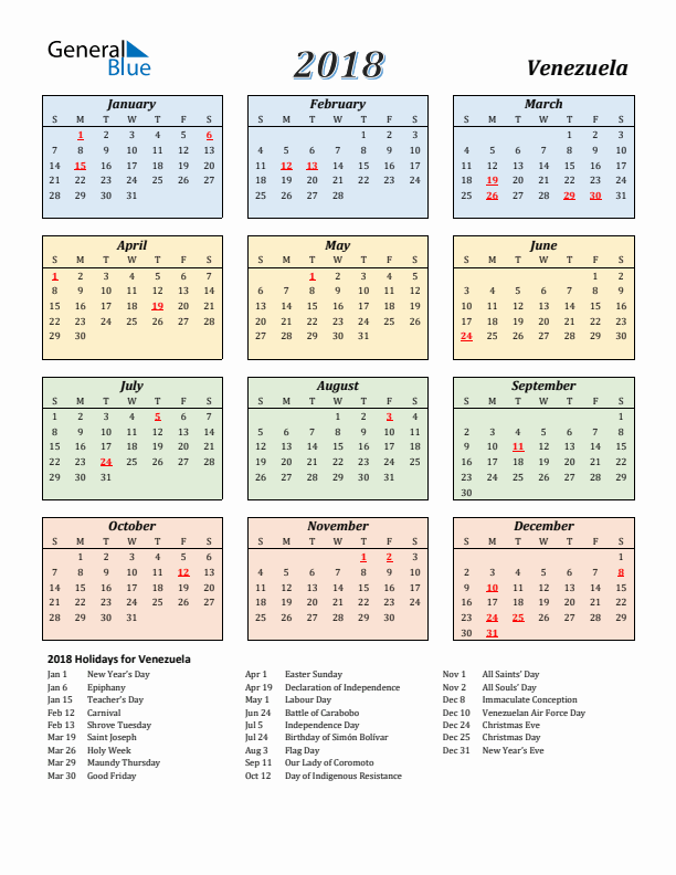 Venezuela Calendar 2018 with Sunday Start