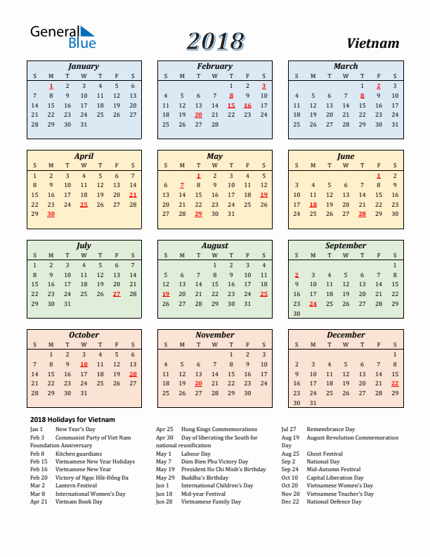 Vietnam Calendar 2018 with Sunday Start