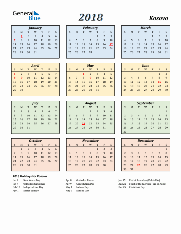 Kosovo Calendar 2018 with Sunday Start
