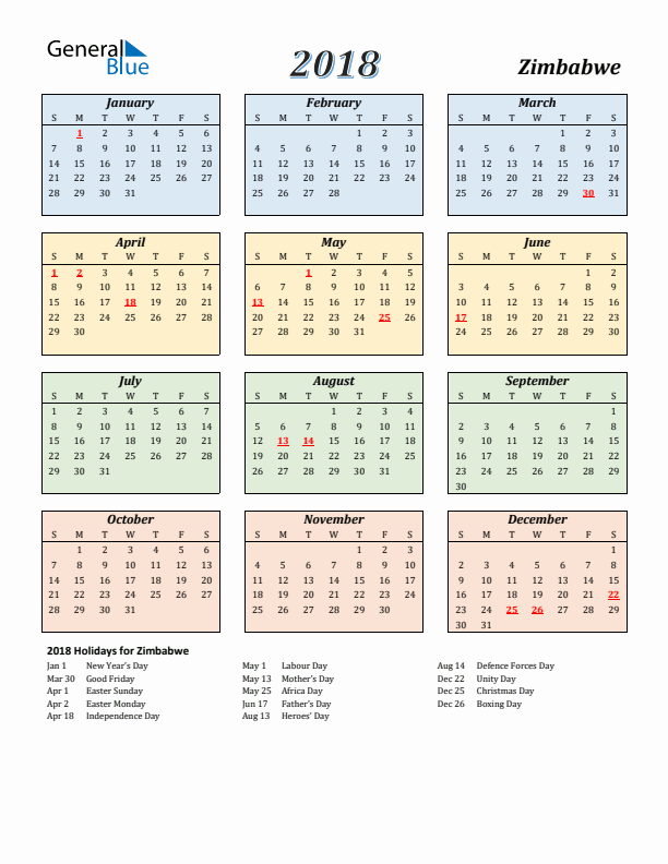 Zimbabwe Calendar 2018 with Sunday Start