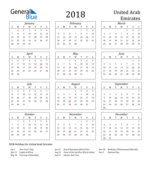 2018 United Arab Emirates Calendar with Holidays