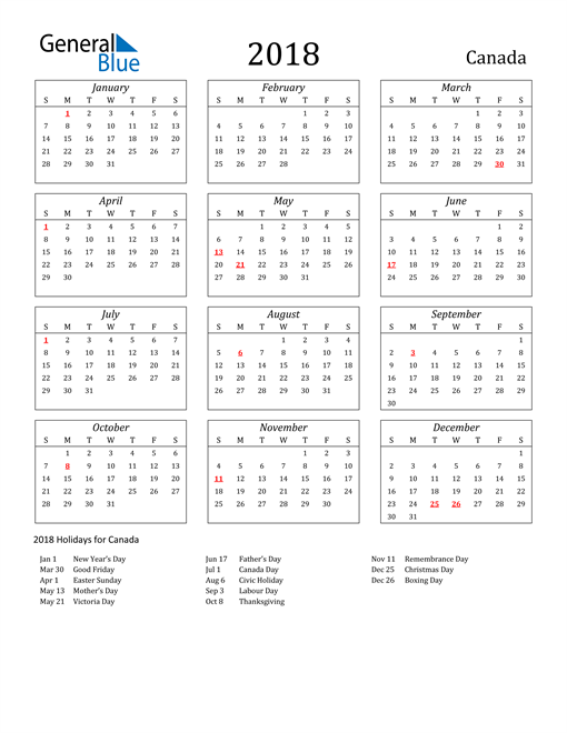 2018 Canada Holiday Calendar