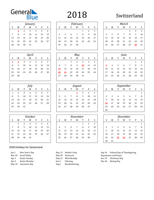 2018 Switzerland Calendar with Holidays