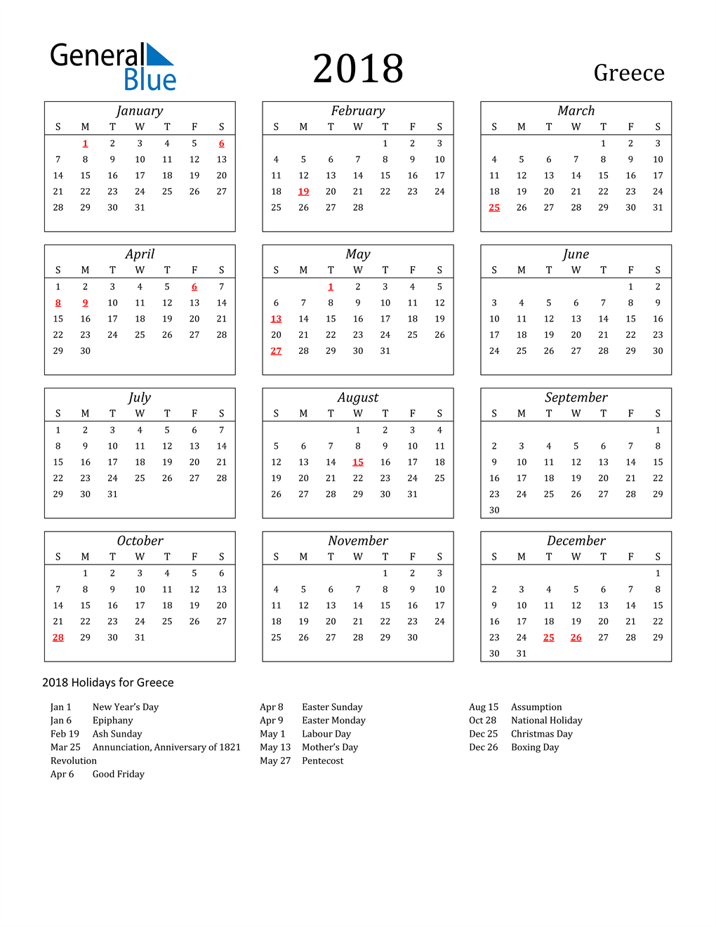 2018 Greece Calendar with Holidays
