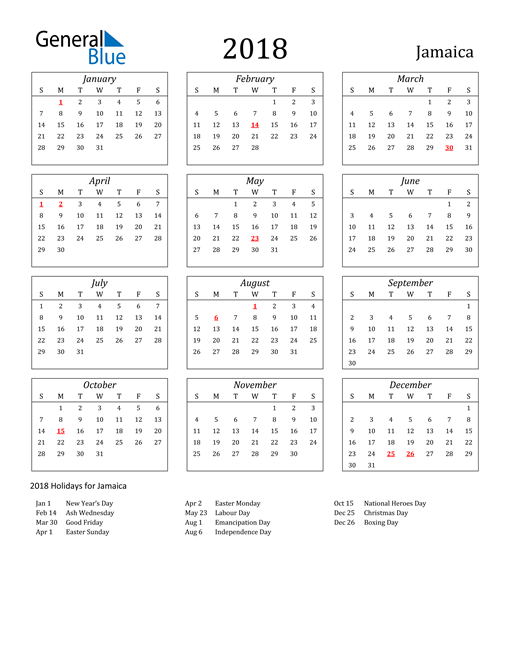 2018 Jamaica Calendar with Holidays