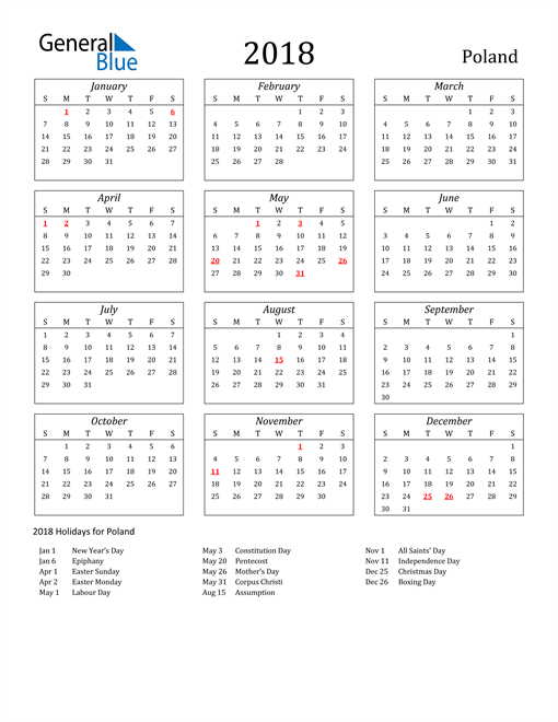 2018 Poland Calendar with Holidays