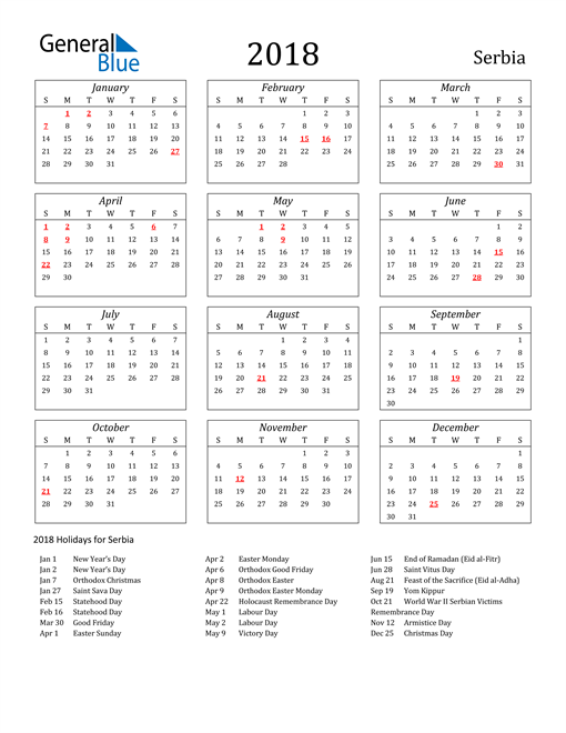 2018 Serbia Calendar with Holidays