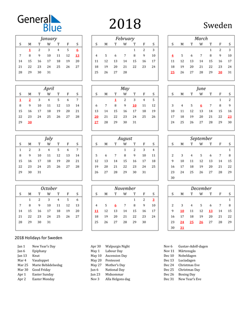 2018 Sweden Calendar With Holidays