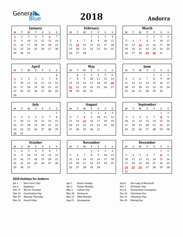 2018 Andorra Holiday Calendar - Monday Start